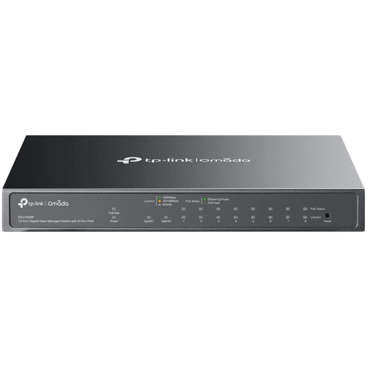 Omada 10-Port Gigabit Easy Managed Switch with 8-Port PoE+ 8× Gigabit PoE+ Ports, 1x Gigabit Non-PoE Ports, 1× Combo Gigabit RJ45/SFP Port 802.3at/af, 123 W PoE Power,  Desktop Steel Case and Fanless Integration with Omada SDN Controller