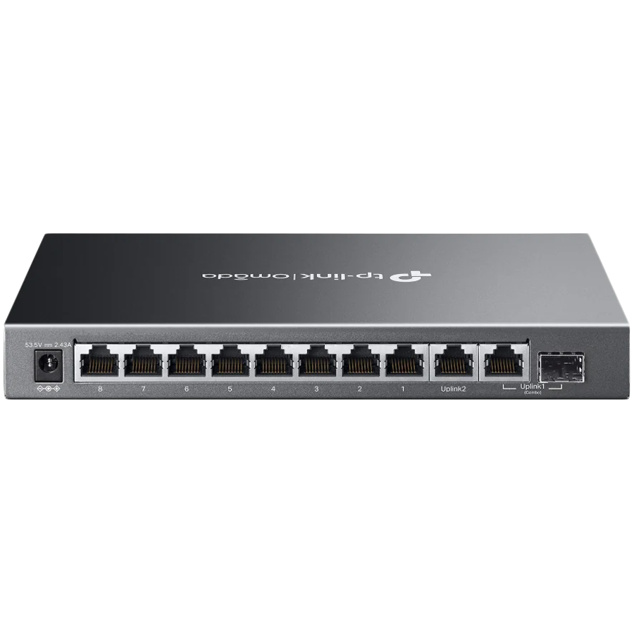 Omada 10-Port Gigabit Easy Managed Switch with 8-Port PoE+ 8× Gigabit PoE+ Ports, 1x Gigabit Non-PoE Ports, 1× Combo Gigabit RJ45/SFP Port 802.3at/af, 123 W PoE Power,  Desktop Steel Case and Fanless Integration with Omada SDN Controller
