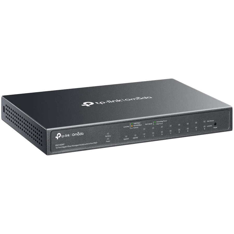 Omada 10-Port Gigabit Easy Managed Switch with 8-Port PoE+ 8× Gigabit PoE+ Ports, 1x Gigabit Non-PoE Ports, 1× Combo Gigabit RJ45/SFP Port 802.3at/af, 123 W PoE Power,  Desktop Steel Case and Fanless Integration with Omada SDN Controller