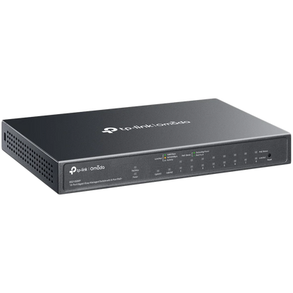 Omada 10-Port Gigabit Easy Managed Switch with 8-Port PoE+ 8× Gigabit PoE+ Ports, 1x Gigabit Non-PoE Ports, 1× Combo Gigabit RJ45/SFP Port 802.3at/af, 123 W PoE Power,  Desktop Steel Case and Fanless Integration with Omada SDN Controller