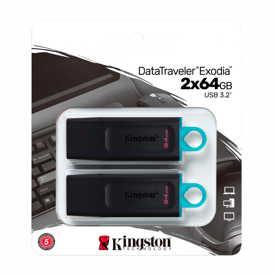 Kingston 64GB USB3.2 Gen 1 DataTraveler Exodia (Black + Teal) - 2 Pieces
