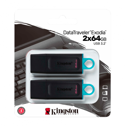 Kingston 64GB USB3.2 Gen 1 DataTraveler Exodia (Black + Teal) - 2 Pieces