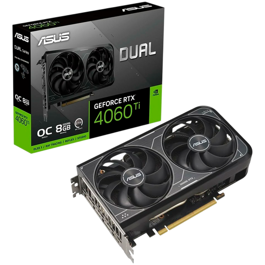 ASUS Video Card NVidia Dual GeForce RTX 4060 TI V2 OC Edition 8GB GDDR6 (PCIe 4.0, 8GB GDDR6, DLSS 3, HDMI 2.1a, DisplayPort 1.4a, 2-slot design, Axial-tech fan design, 0dB technology, and more)