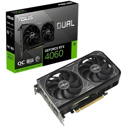 ASUS Video Card NVidia Dual GeForce RTX 4060 V2 OC Edition 8GB GDDR6 (PCIe 4.0, 8GB GDDR6, DLSS 3, HDMI 2.1a, DisplayPort 1.4a, 2-slot design, Axial-tech fan design, 0dB technology, and more)