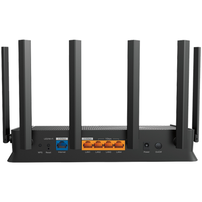 TP-Link Dual-Band BE6500 Wi-Fi 7 Router, 688Mbps at 2.4GHz, 5764Mbps at 5GHz, 6 antennas, 2.0GHz quad core CPU, 2.5Gbps WAN port, 2.5Gbps LAN port, 3 x 1Gbps LAN ports, 1x USB 3.0 port, MLO, 4K QAM, OFDMA