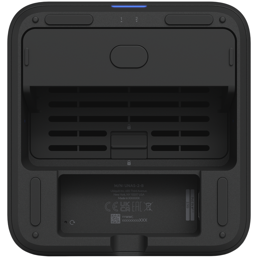 Ubiquiti UniFi UNAS-2-B-EU Network Attached Storage with (2) 3.5inch HDD bays, 2.5 GbE networking, USB-C connectivity, and an included PoE++ adapter, all in a compact footprint, black