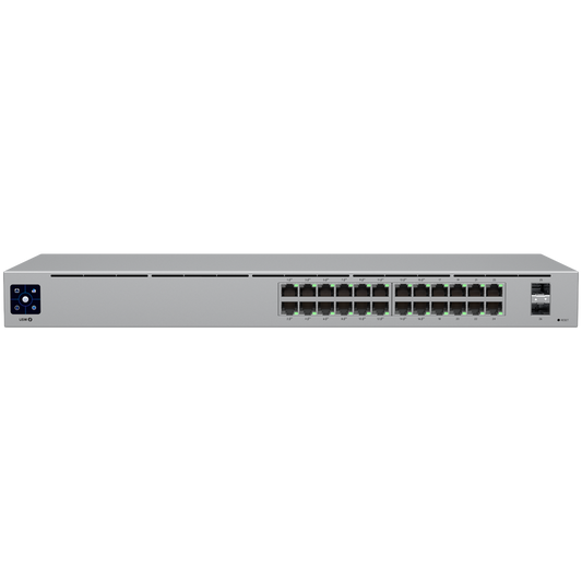 Ubiquiti USW-24-POE Gigabit Layer 2 switch with twenty-four Gigabit Ethernet ports including sixteen auto-sensing 802.3at PoE+ ports, and two SFP ports