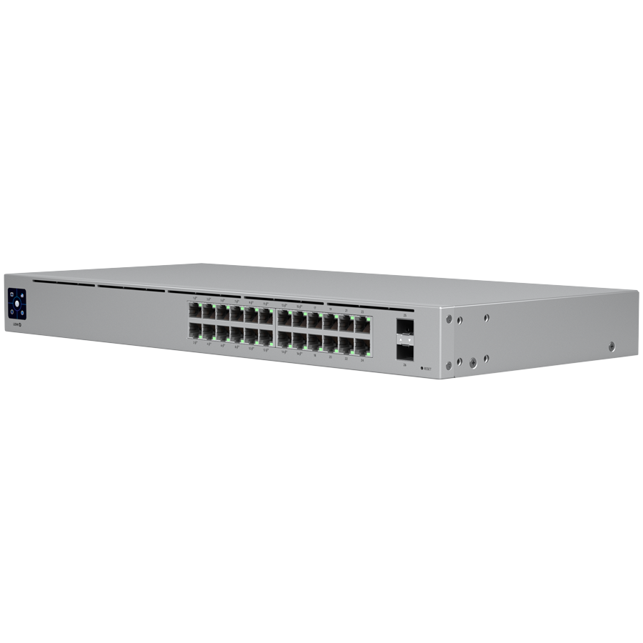Ubiquiti USW-24-POE Gigabit Layer 2 switch with twenty-four Gigabit Ethernet ports including sixteen auto-sensing 802.3at PoE+ ports, and two SFP ports