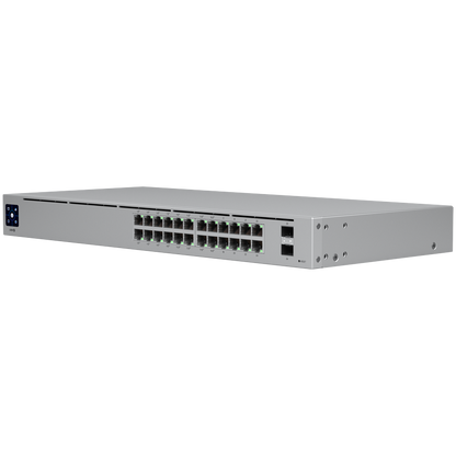 Ubiquiti USW-24-POE Gigabit Layer 2 switch with twenty-four Gigabit Ethernet ports including sixteen auto-sensing 802.3at PoE+ ports, and two SFP ports