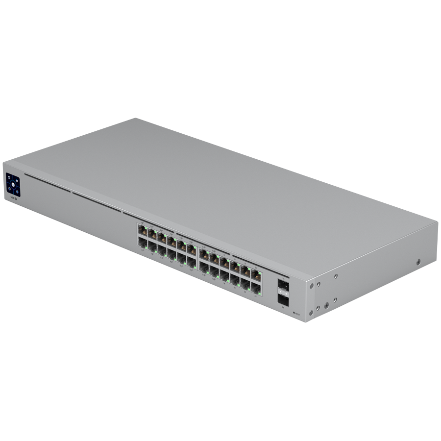 Ubiquiti USW-24-POE Gigabit Layer 2 switch with twenty-four Gigabit Ethernet ports including sixteen auto-sensing 802.3at PoE+ ports, and two SFP ports