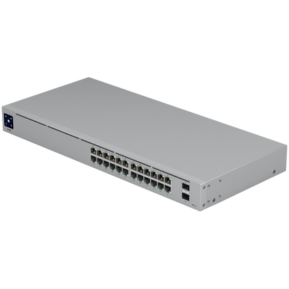 Ubiquiti USW-24-POE Gigabit Layer 2 switch with twenty-four Gigabit Ethernet ports including sixteen auto-sensing 802.3at PoE+ ports, and two SFP ports