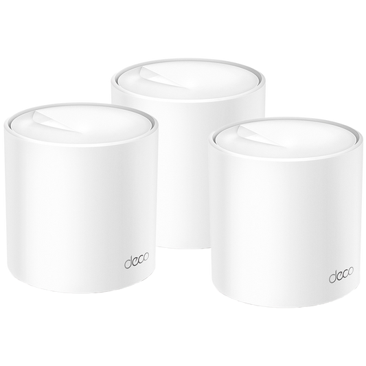TP-Link Deco X50(3-pack) AX3000 Whole Home Mesh Wi-Fi 6 System, 574 Mbps at 2.4 GHz + 2402 Mbps at 5 GHz, 2× Internal Antennas, 3× Gigabit Ports (WAN/LAN auto-sensing), 2 Streams and HE160 for 5GHz, Deco App, Router/AP Mode, IPv6, IPTV, HomeShield