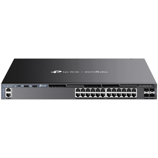 Omada 24-Port Gigabit Stackable L3 Managed Switch 24× Gigabit RJ45 Ports, 4× 10G SFP+ Slots, RJ45/Type C USB Console Port, Management Port, 2× USB2.0 Ports 1U 19-inch Rack-mountable Steel Case Integration with Omada SDN Controller
