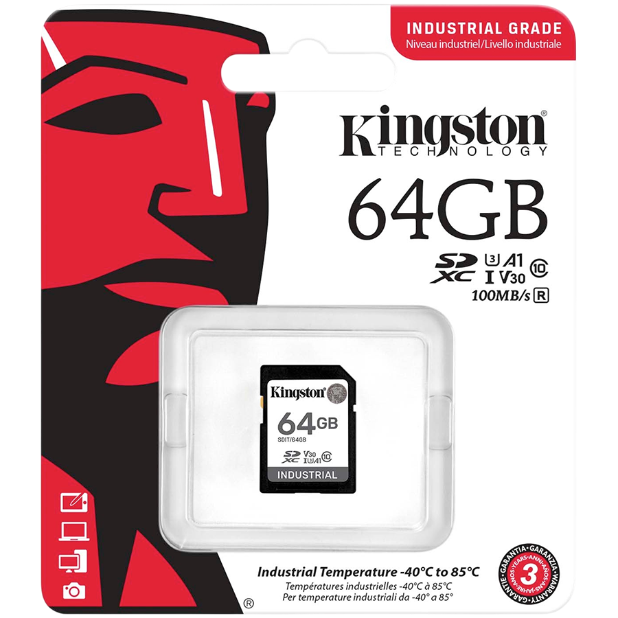 Kingston 64GB SDXC Industrial -40C to 85C C10 UHS-I U3 V30 A1 pSLC