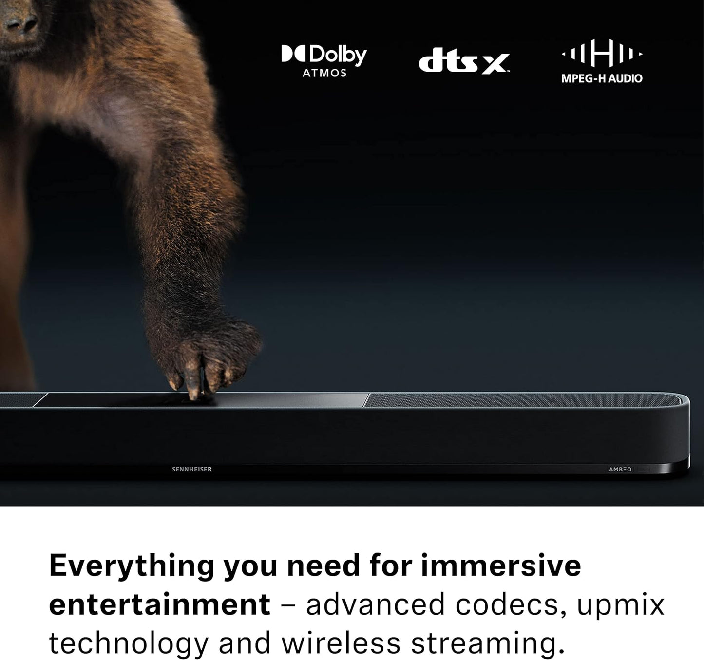 Sennheiser Consumer Audio AMBEO Soundbar Plus for TV and Music with Immersive 3D Surround Sound, Virtual 7.1.4 Speaker Setup, Built-in Dual Subwoofers, Advanced Streaming Connectivity,Night Mode,Black