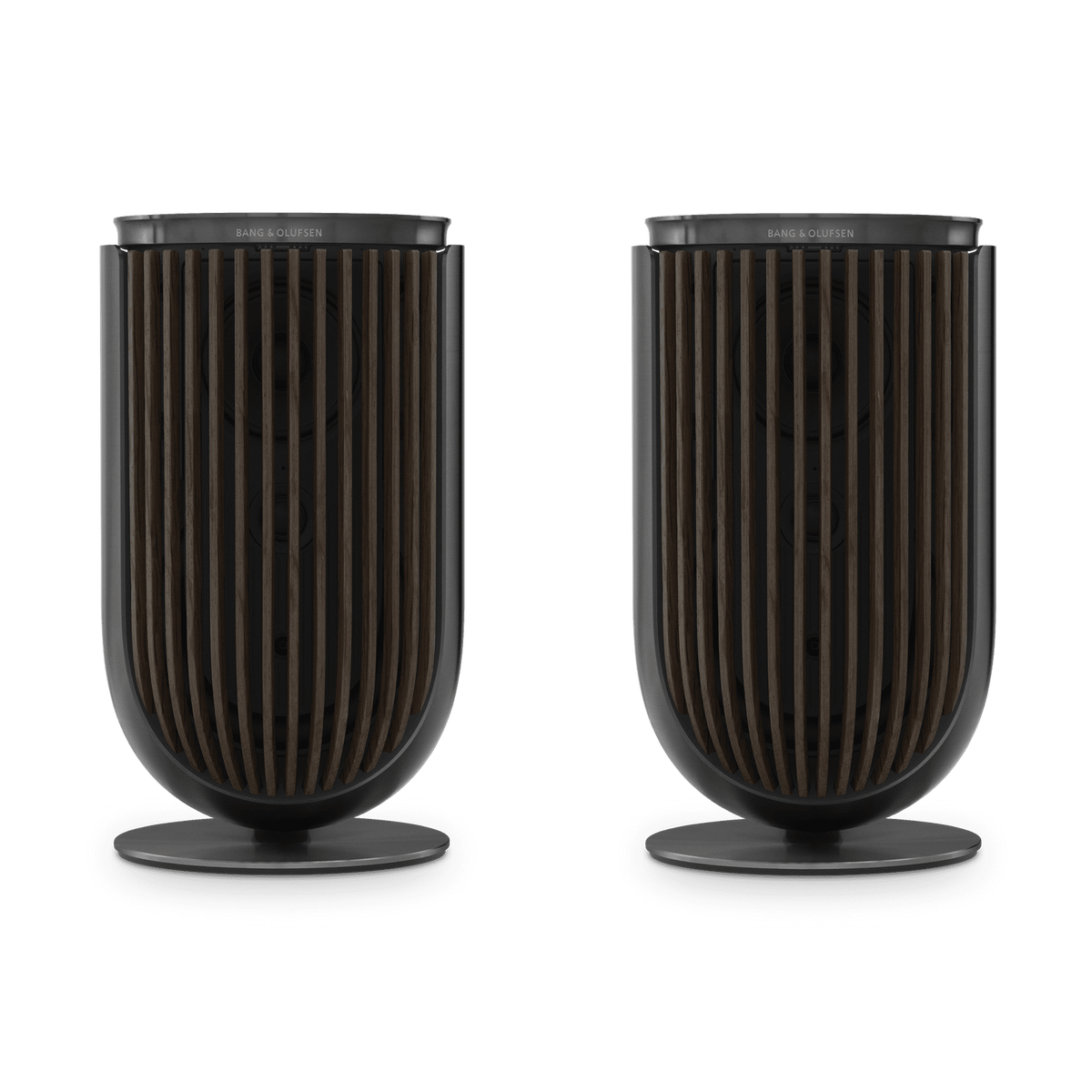 Pair of Beolab 8 speakers in Black Anthracite with Dark Oak covers