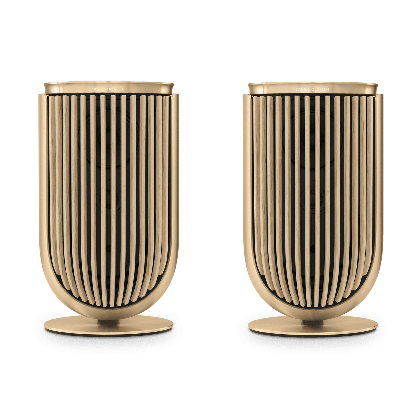 Pair of Beolab 8 speakers in Gold Tone with Light Oak covers