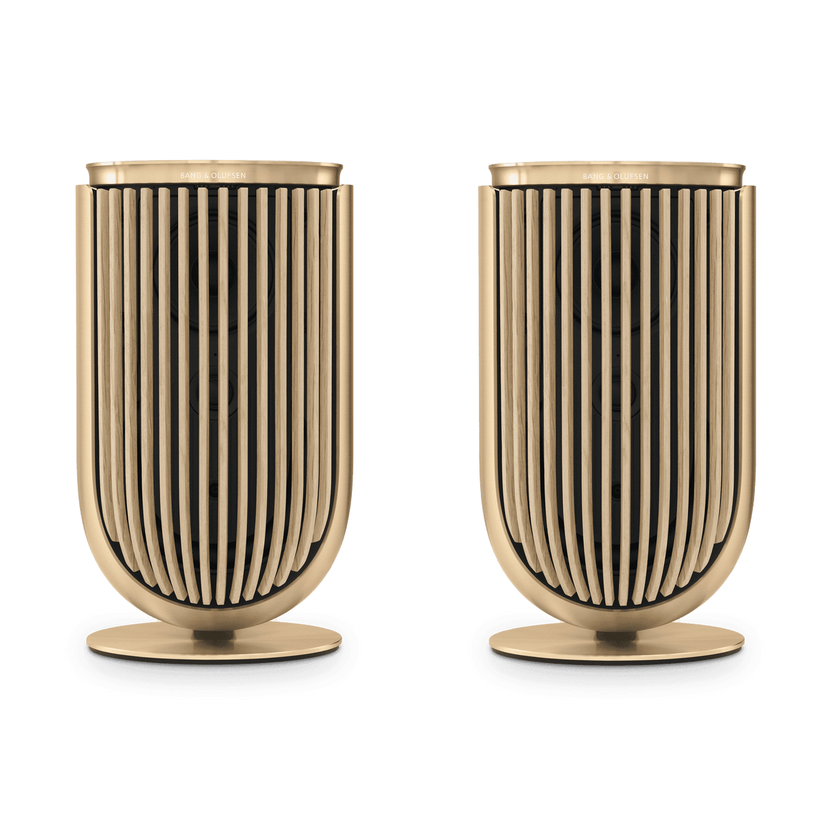 Pair of Beolab 8 speakers in Gold Tone with Light Oak covers