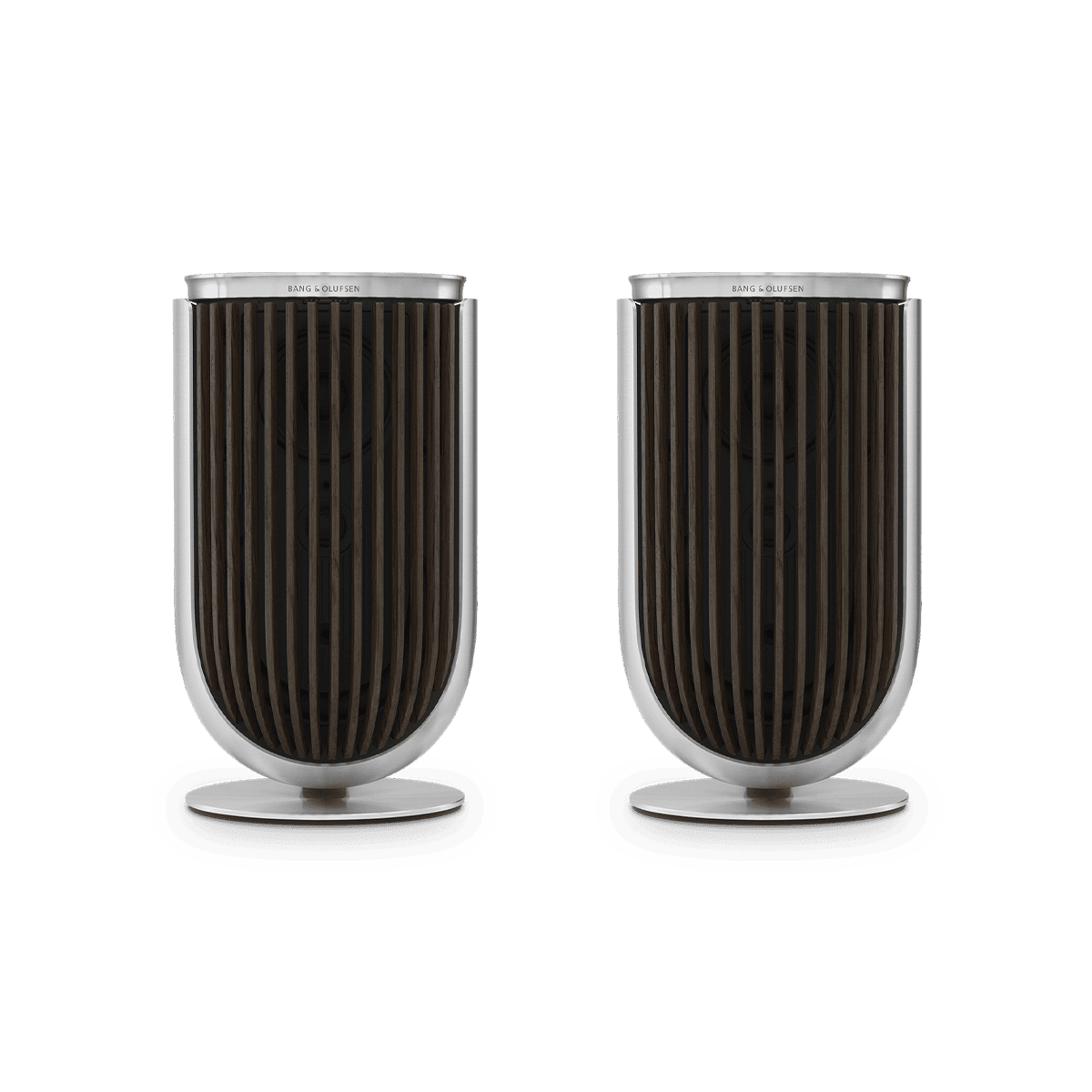 Pair of Beolab 8 speakers in Natural Aluminium with Dark Oak covers