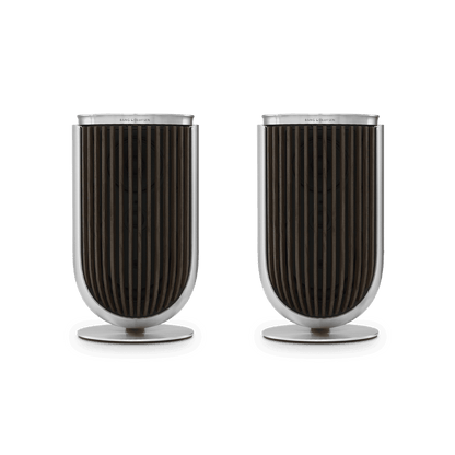 Pair of Beolab 8 speakers in Natural Aluminium with Dark Oak covers