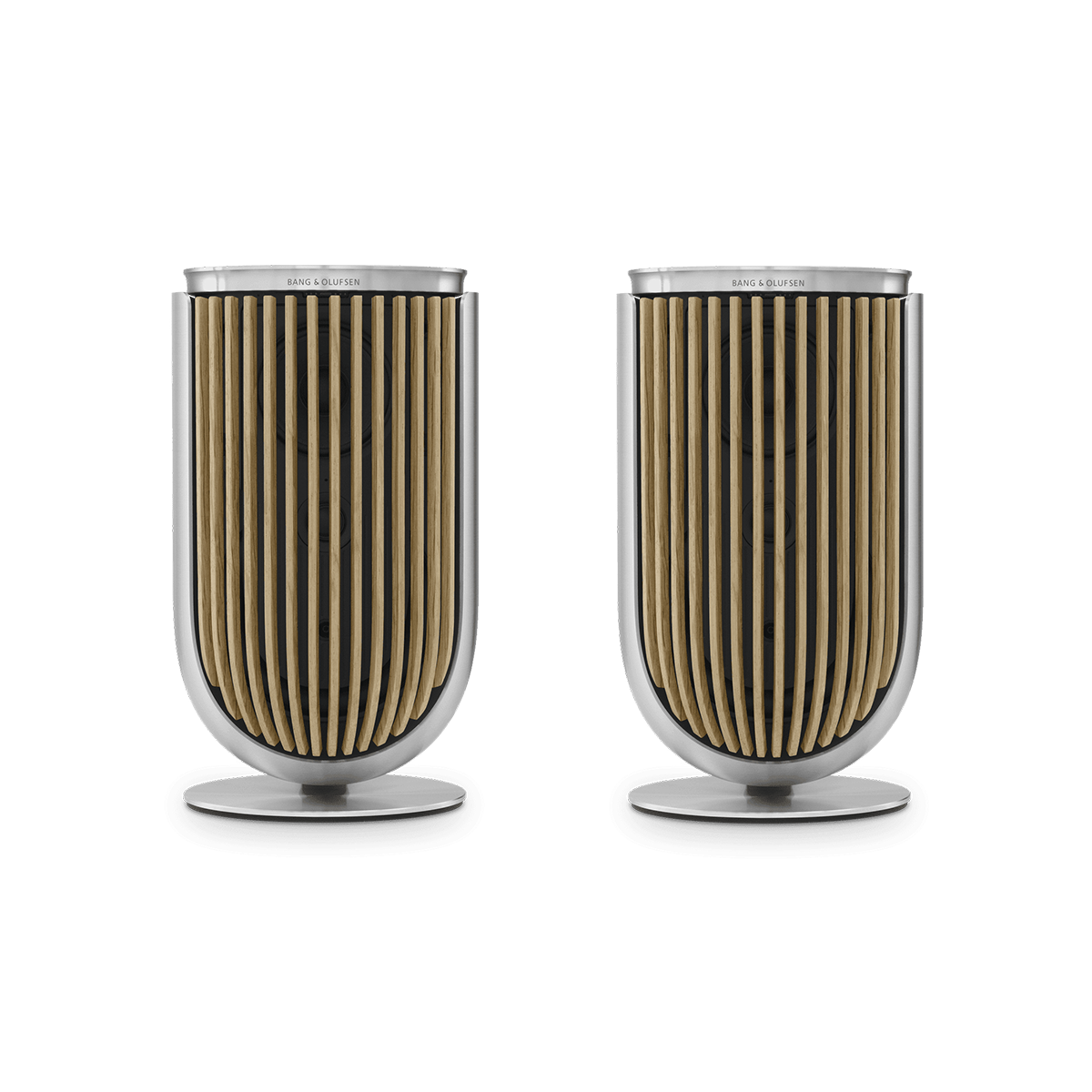 Pair of Beolab 8 speakers in Natural Aluminium with Oak covers on table stands