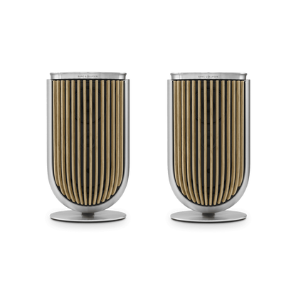 Pair of Beolab 8 speakers in Natural Aluminium with Oak covers on table stands