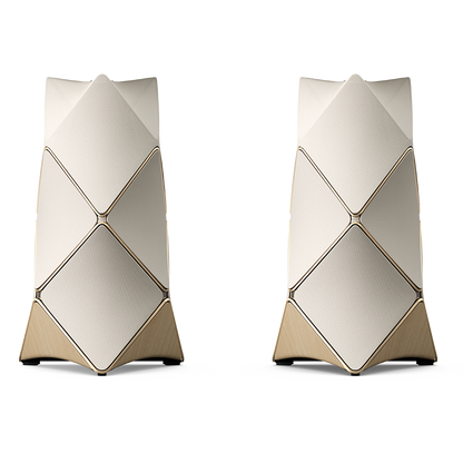 Pair of Beolab 90 loudspeakers in Sand and Gold Tone with Light Oak