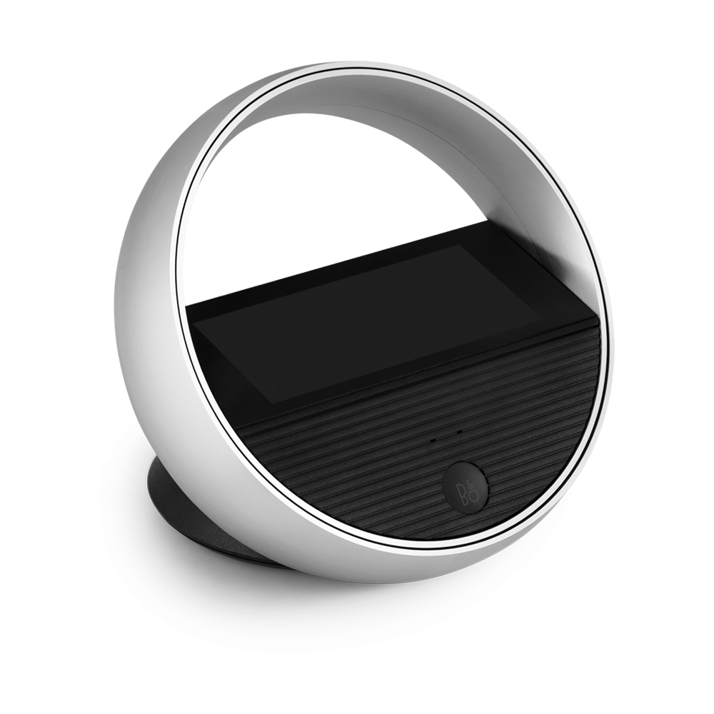 Beoremote Halo in Natural Aluminium on a table stand