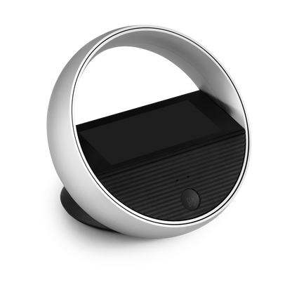 Beoremote Halo in Natural Aluminium on a table stand