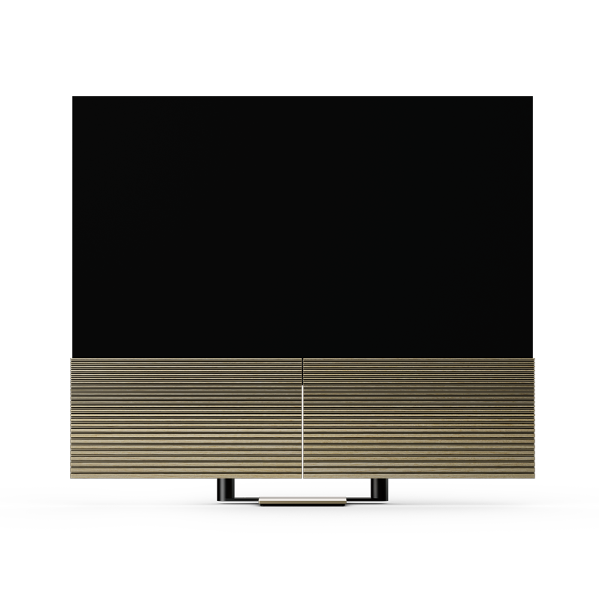 Beovision Harmony 83-inch OLED TV in Gold Tone with Light Oak speaker covers