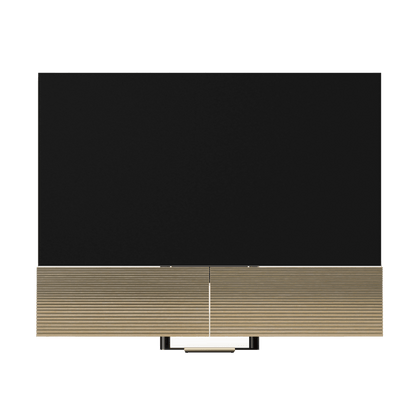 Beovision Harmony 97-inch OLED TV in Gold Tone with Light Oak speaker covers