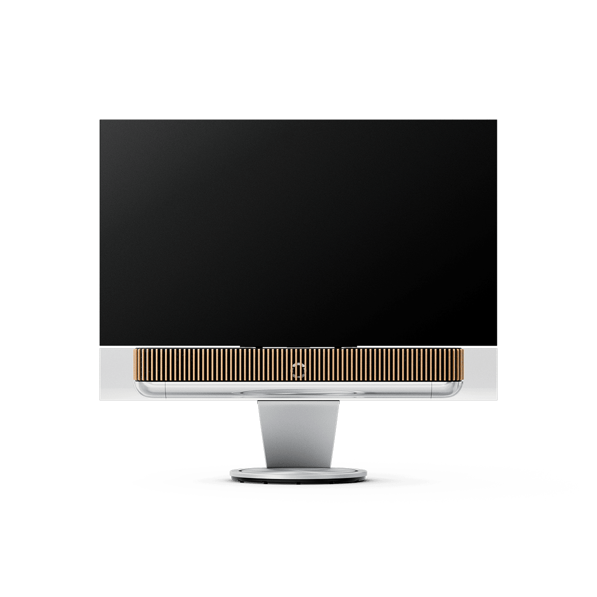 Beovision Theatre 65-inch OLED TV in Natural Aluminium with Oak cover on a motorised floor stand