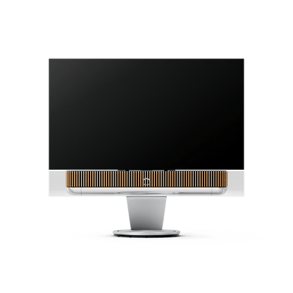 Beovision Theatre 65-inch OLED TV in Natural Aluminium with Oak cover on a motorised floor stand