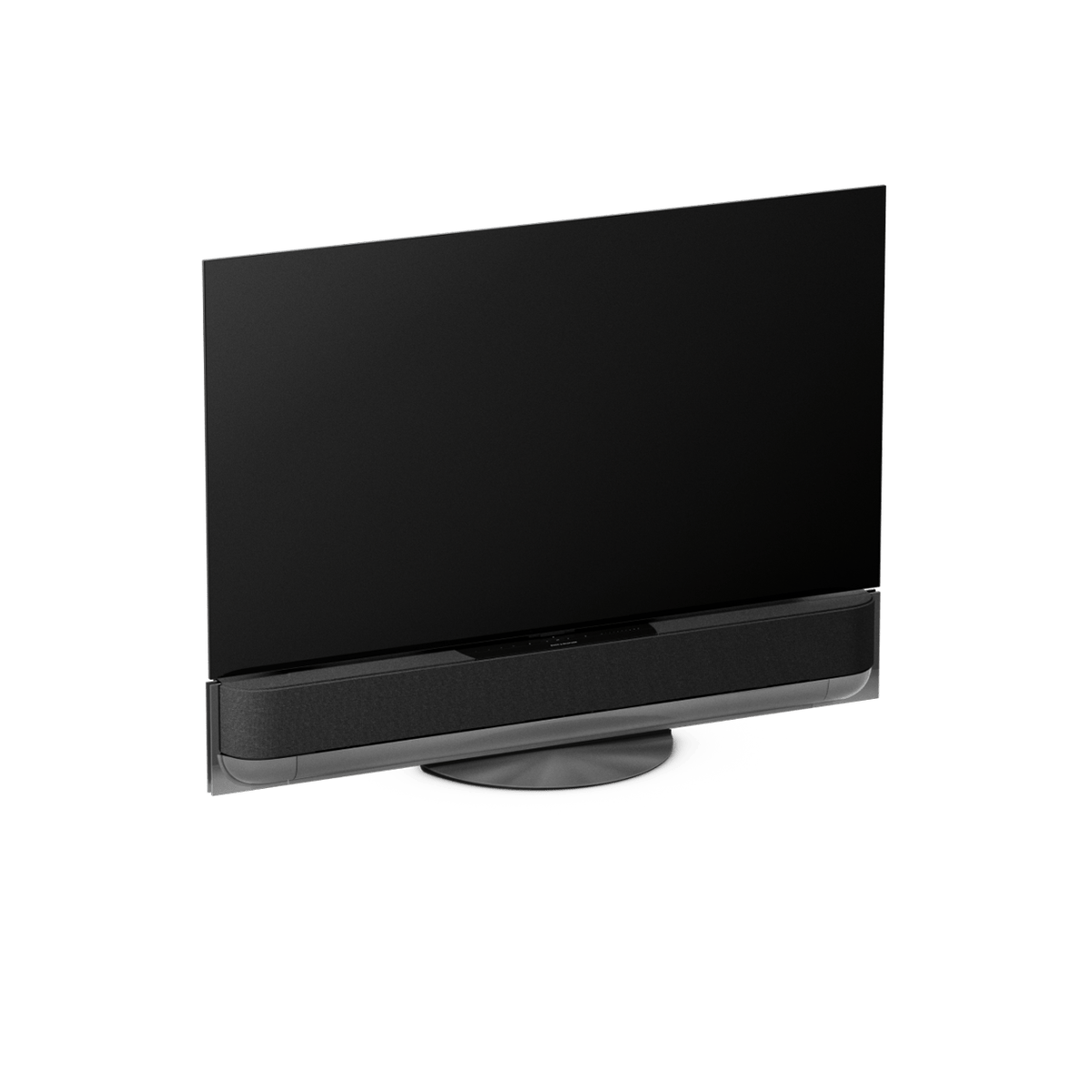 Beovision Theatre 55-inch OLED TV in Black Anthracite with Grey Melangé cover on a table stand