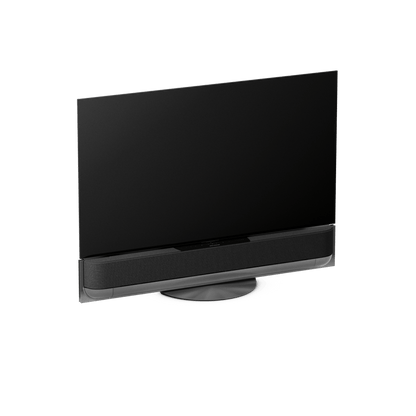 Beovision Theatre 55-inch OLED TV in Black Anthracite with Grey Melangé cover on a table stand