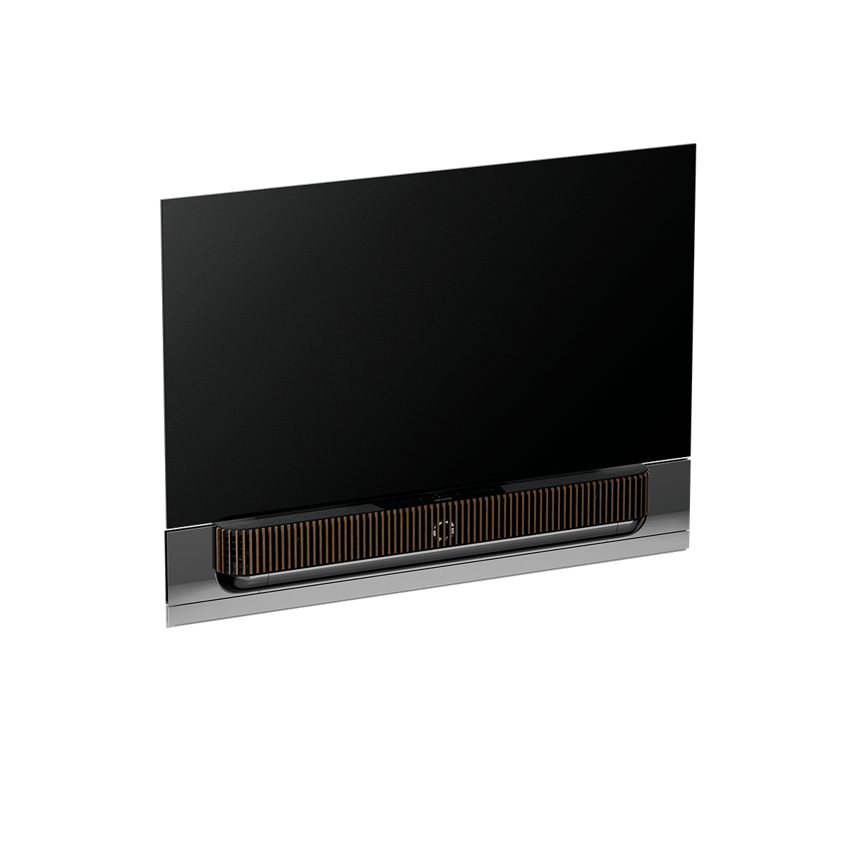 Beovision Theatre 65-inch OLED TV in Black Anthracite with Dark Oak cover on a motorised wall mount