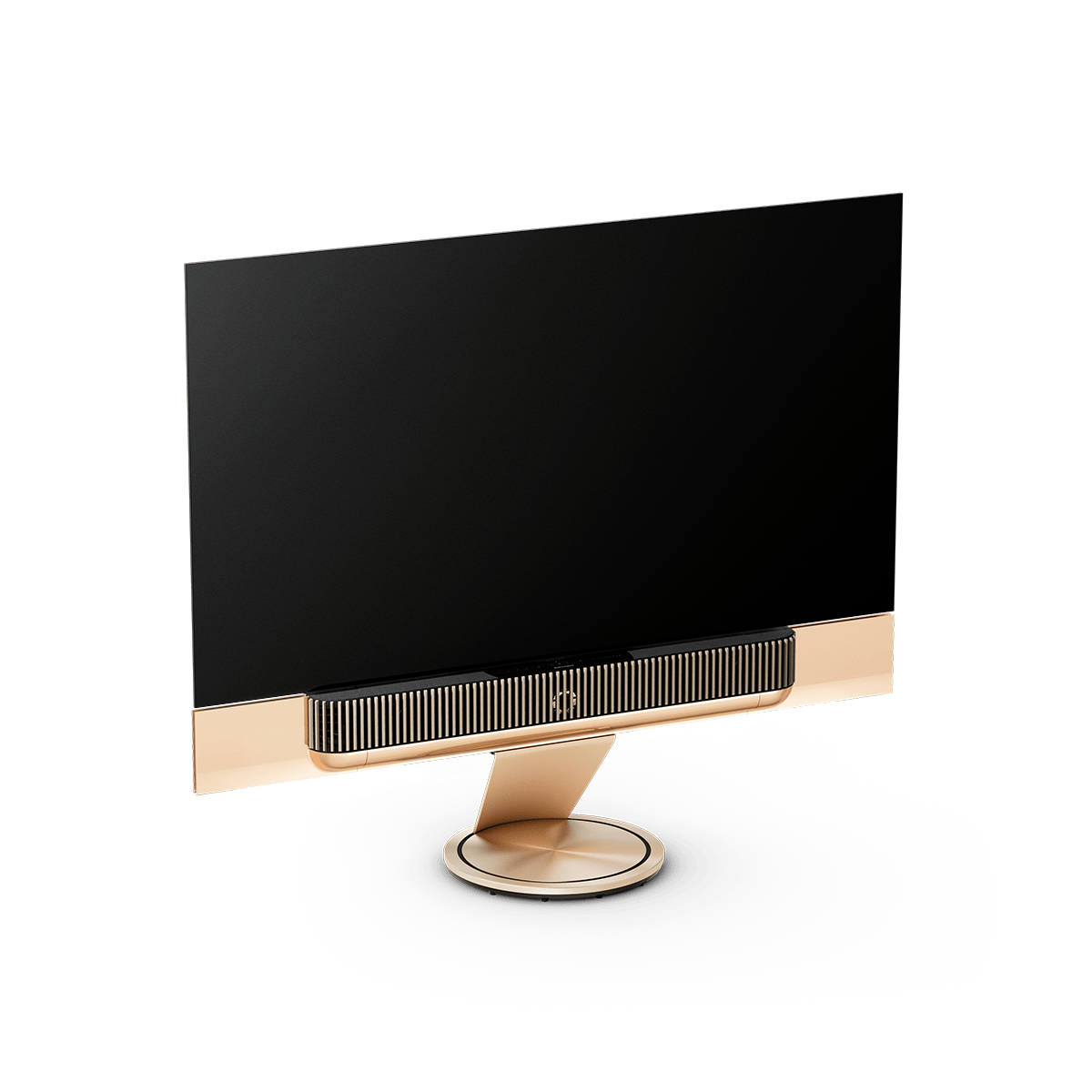 Beovision Theatre 77-inch OLED TV in Gold Tone with Light Oak cover on a motorised floor stand
