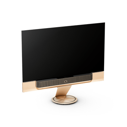 Beovision Theatre 77-inch OLED TV in Gold Tone with Light Oak cover on a motorised floor stand